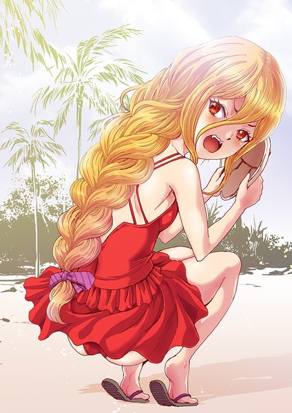 Anime-Bild 707x1000 mit overlord (maruyama) madhouse evileye (overlord) rurukichi single long hair tall image looking at viewer blush fringe breasts open mouth light erotic blonde hair hair between eyes red eyes sitting bare shoulders holding payot