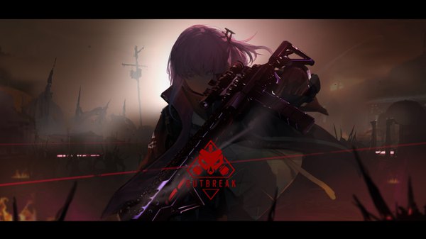 Anime picture 6000x3374 with girls frontline st ar-15 (girls frontline) cenm0 single fringe highres wide image holding looking away pink hair absurdres outdoors parted lips wind one side up dark background letterboxed silver eyes twilight machine gun