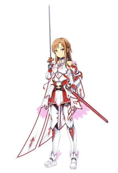 Anime picture 750x1100 with sword art online a-1 pictures yuuki asuna single long hair tall image brown hair white background brown eyes girl dress gloves weapon detached sleeves sword