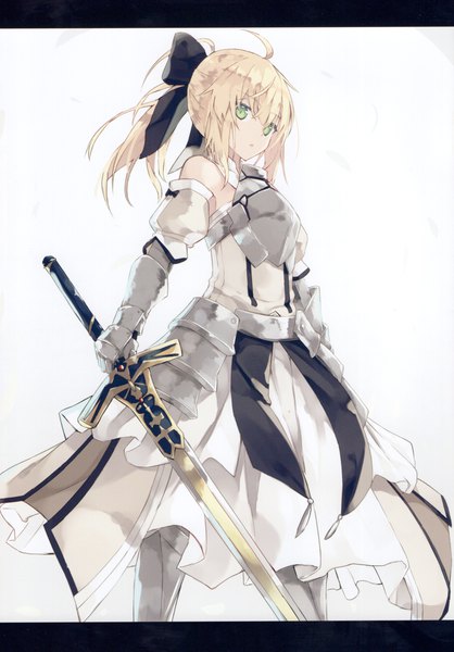 Anime picture 2517x3613 with fate (series) fate/grand order fate/unlimited codes artoria pendragon (all) saber lily nagishiro mito single long hair tall image looking at viewer blush fringe highres open mouth simple background blonde hair hair between eyes standing holding green eyes