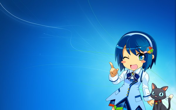 Anime picture 1920x1200 with os-tan windows (operating system) windows 7 madobe nanami single looking at viewer highres short hair open mouth blue eyes wide image blue hair long sleeves blue background chibi ;d blush stickers girl animal hairband