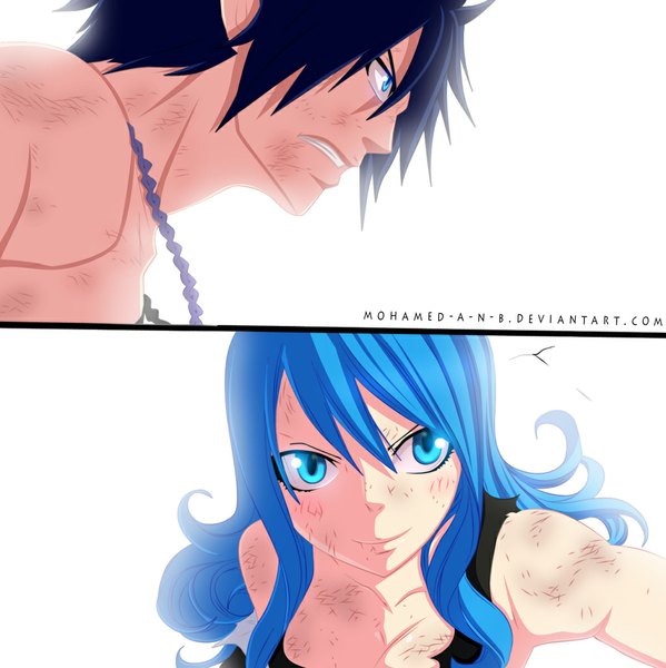 Anime picture 1024x1026 with fairy tail gray fullbuster juvia lockser m-shu mohamed-a-n-b long hair tall image short hair blue eyes black hair simple background smile white background blue hair profile coloring torn clothes close-up multiview manga