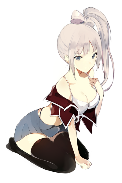 Anime picture 665x1000 with original lpip single long hair tall image looking at viewer breasts blue eyes light erotic simple background smile large breasts white background sitting bare shoulders full body zettai ryouiki hand on chest wariza asymmetrical hair