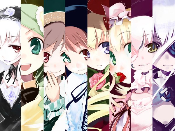 Anime picture 1600x1200 with rozen maiden suigintou shinku suiseiseki souseiseki hina ichigo kirakishou barasuishou kanaria ushiki yoshitaka highres wallpaper group everyone column lineup