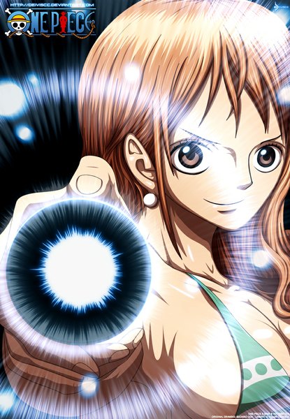 Anime picture 789x1139 with one piece toei animation nami (one piece) deiviscc single long hair tall image breasts light erotic smile large breasts brown eyes orange hair inscription coloring magic girl earrings bikini top