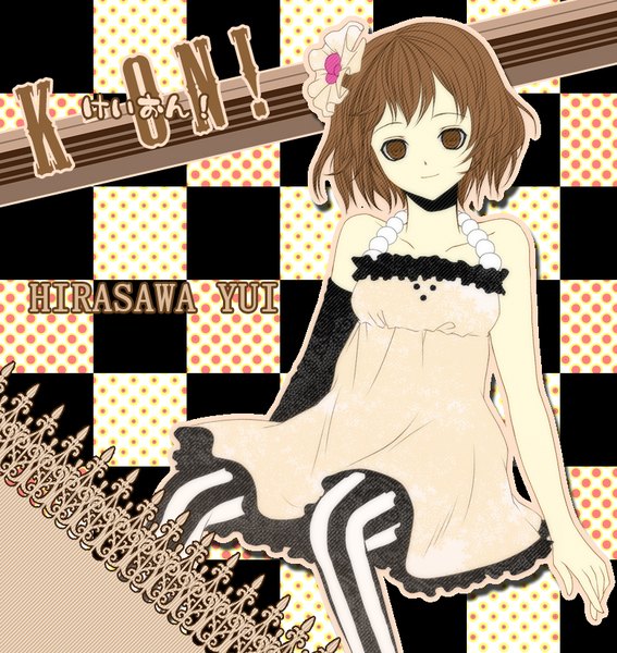 Anime picture 780x826 with k-on! kyoto animation hirasawa yui senri (nazerine) single tall image short hair brown hair sitting brown eyes copyright name character names checkered checkered background don't say "lazy" girl dress hair ornament pantyhose striped pantyhose