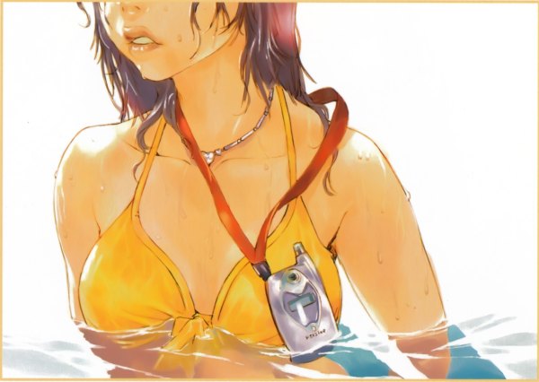 Anime picture 2400x1704 with okazaki takeshi single long hair highres open mouth light erotic bare shoulders purple hair girl swimsuit water jewelry necklace water drop bikini top phone