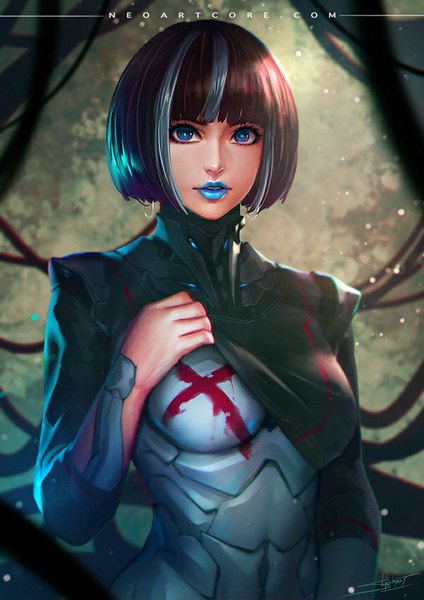 Anime picture 600x849 with nudtawut thongmai single tall image looking at viewer fringe short hair breasts blue eyes brown hair silver hair purple hair lips realistic lipstick blue lipstick girl android