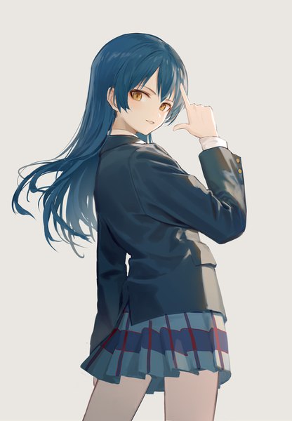 Anime picture 1041x1500 with love live! school idol project sunrise (studio) love live! sonoda umi huanxiang heitu single long hair tall image looking at viewer blush fringe simple background smile hair between eyes yellow eyes blue hair parted lips pleated skirt looking back grey background