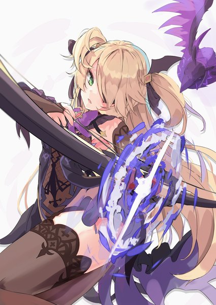 Anime picture 2507x3541 with genshin impact fischl (genshin impact) oz (genshin impact) mikami hotaka single long hair tall image fringe highres blonde hair green eyes hair over one eye two side up archery girl thighhighs weapon black thighhighs animal bird (birds)