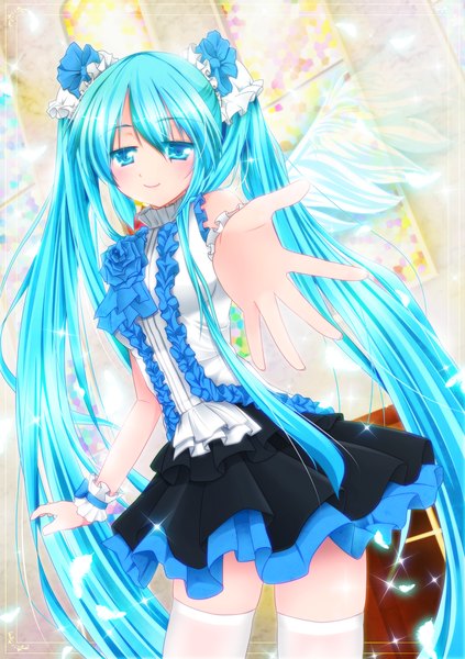 Anime picture 1127x1600 with vocaloid hatsune miku fule single tall image twintails very long hair aqua eyes aqua hair outstretched arm girl thighhighs dress white thighhighs wings