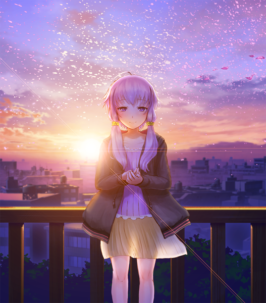 Anime picture 1053x1200 with vocaloid voiceroid yuzuki yukari mocha (cotton) single long hair tall image looking at viewer blush smile purple eyes sky purple hair cloud (clouds) ahoge sunlight open jacket evening sunset horizon