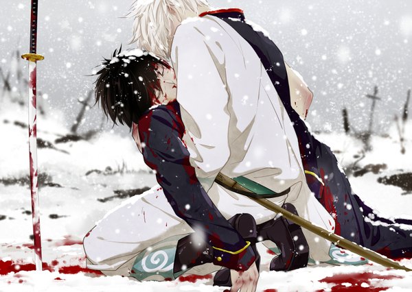 Anime picture 1704x1211 with gintama sunrise (studio) sakata gintoki hijikata toshiro ke (pixiv) highres short hair black hair holding white hair eyes closed multiple boys kneeling snowing winter soles snow field death boy