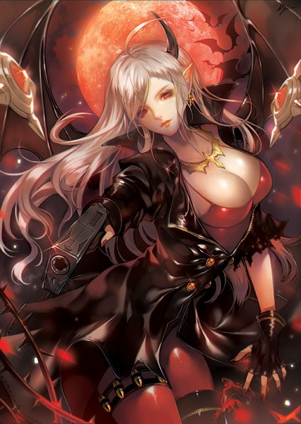 Anime picture 600x844 with dapang single long hair tall image fringe breasts light erotic blonde hair red eyes large breasts looking away cleavage ahoge nail polish head tilt horn (horns) fingernails lips arched back bat wings