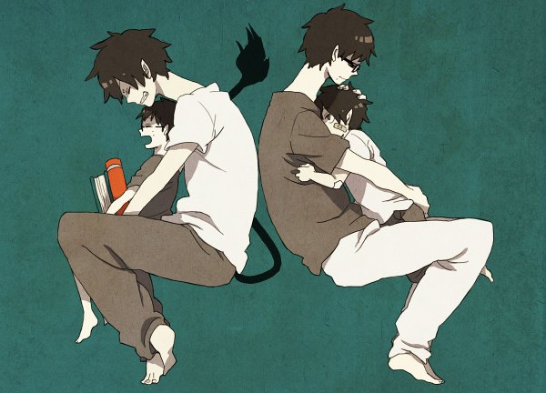 Anime picture 1200x864 with ao no exorcist a-1 pictures okumura rin okumura yukio short hair open mouth black hair simple background tail lying barefoot pointy ears mole demon tail boy glasses book (books) bandaid child (children)