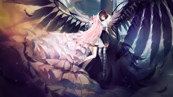 Anime picture 2400x1348 with mahou shoujo madoka magica shaft (studio) akemi homura kaname madoka goddess madoka akuma homura mallizmora long hair fringe highres black hair red eyes wide image multiple girls pink hair very long hair high heels two side up hug spread arms