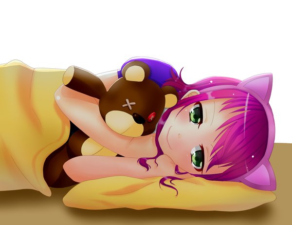 Anime picture 1764x1359 with league of legends annie (league of legends) tibbers (league of legends) rita (pixiv id=2292566) single looking at viewer blush fringe highres short hair simple background smile white background green eyes animal ears pink hair on side fake animal ears girl toy