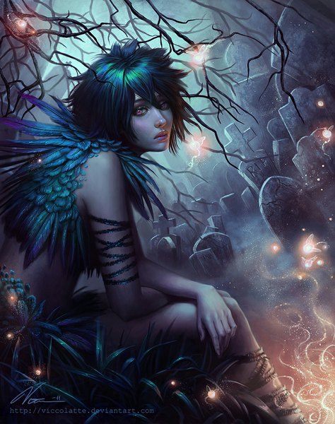 Anime picture 750x948 with original loh viccolatte single tall image looking at viewer short hair black hair sitting signed pink eyes lips realistic light girl plant (plants) feather (feathers) grass cross branch