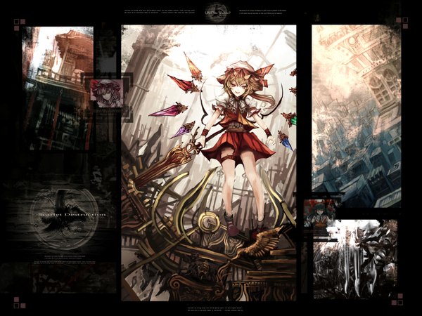 Anime picture 1600x1200 with touhou hakurei reimu flandre scarlet remilia scarlet makai no juumin looking at viewer blonde hair red eyes puffy sleeves multiview girl skirt weapon hat wings bonnet skirt set laevatein (touhou)
