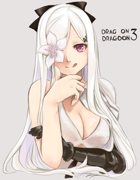 Anime picture 894x1148 with drakengard drag-on dragoon 3 zero (drag-on dragoon) aaanpan single long hair tall image breasts light erotic simple background large breasts purple eyes cleavage upper body white hair grey background copyright name :q covering eye (eyes) flower over eye