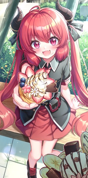 Anime-Bild 1425x2871 mit blue archive junko (blue archive) tyutaka0427 single long hair tall image looking at viewer blush fringe open mouth hair between eyes twintails red hair :d pink eyes horn (horns) from above arm support girl food