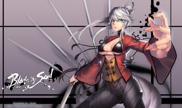 Anime picture 1204x716 with blade & soul jjune single long hair looking at viewer breasts light erotic wide image large breasts green eyes silver hair tail girl weapon sword