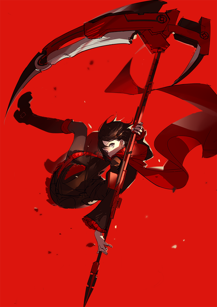 Anime picture 707x1000 with rwby rooster teeth ruby rose ask (askzy) single tall image looking at viewer fringe short hair black hair simple background holding full body bent knee (knees) wind grey eyes arm behind head pale skin flying red background