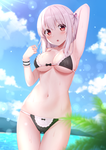 Anime picture 752x1062 with original tisshu (karutamo) karutamo single tall image looking at viewer blush fringe short hair breasts open mouth light erotic hair between eyes red eyes standing payot pink hair sky cloud (clouds) outdoors