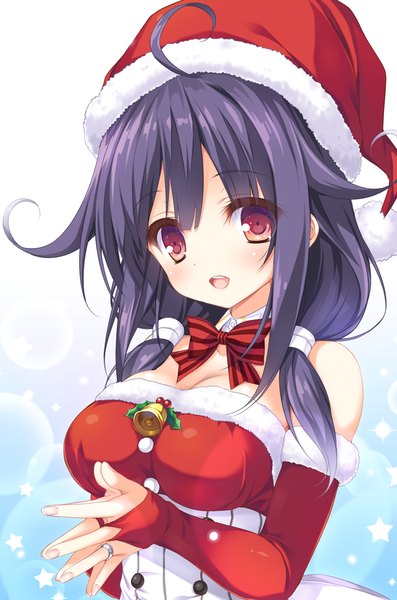 Anime picture 795x1200 with kantai collection taigei light aircraft carrier mikagami mamizu single long hair tall image blush breasts open mouth light erotic smile red eyes twintails purple hair ahoge fur trim low twintails christmas girl hat