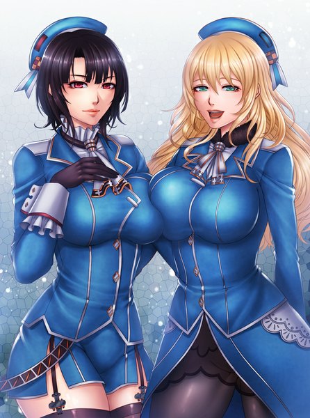 Anime picture 743x1000 with kantai collection atago heavy cruiser takao heavy cruiser momoman (pink voltage) long hair tall image short hair breasts open mouth blue eyes light erotic black hair blonde hair red eyes multiple girls girl thighhighs dress gloves black thighhighs