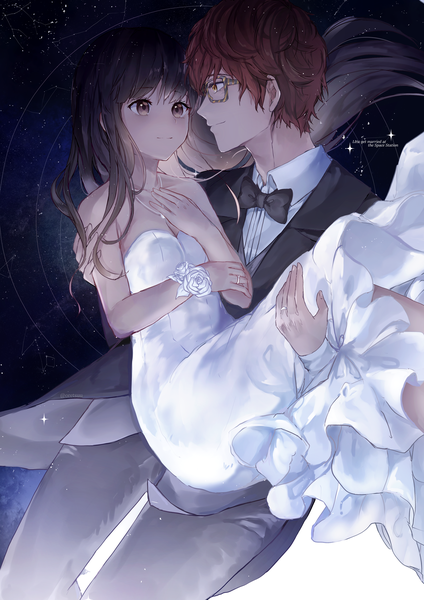 Anime picture 2480x3507 with mystic messenger 707 (mystic messenger) protagonist (mystic messenger) oretsuu long hair tall image blush highres short hair breasts black hair smile standing bare shoulders brown eyes cleavage red hair profile wind couple