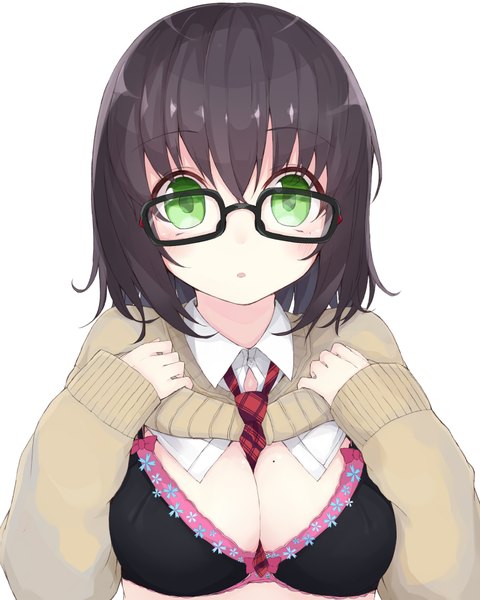 Anime picture 1600x2000 with original kou mashiro single tall image looking at viewer short hair breasts light erotic black hair simple background white background green eyes cleavage mole mole on breast girl necktie lingerie bra sweater