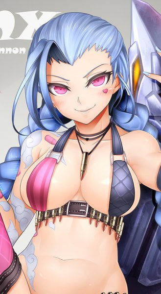 Anime picture 1266x2304 with league of legends jinx (league of legends) oni-noboru single long hair tall image looking at viewer blush breasts light erotic smile large breasts bare shoulders blue hair pink eyes tattoo girl navel