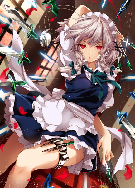 Anime picture 1010x1400 with touhou izayoi sakuya moneti (daifuku) single tall image looking at viewer fringe short hair breasts smile hair between eyes red eyes holding silver hair indoors braid (braids) lips short sleeves maid puffy sleeves