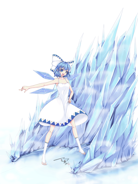 Anime picture 1200x1600 with touhou cirno wel roys single tall image short hair open mouth blue eyes blue hair girl bow hair bow wings sundress crystal
