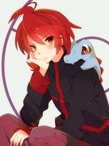 Anime picture 768x1024 with pokemon pokemon heartgold and soulsilver nintendo silver (pokemon) totodile nicole (usako) tall image blush short hair red eyes white background sitting looking away ahoge red hair gen 2 pokemon boy animal reptile crocodile