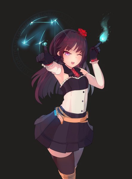 Anime picture 1388x1883 with original ehrrr single long hair tall image looking at viewer fringe open mouth black hair simple background smile one eye closed pink eyes hair flower zettai ryouiki magic black background flat chest ;d pointing