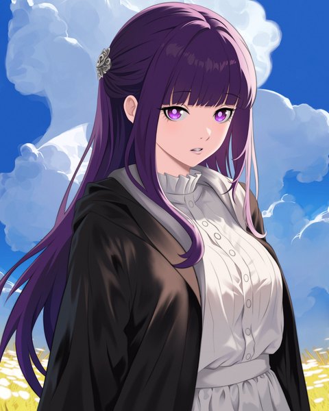 Anime picture 2592x3240 with sousou no frieren fern (sousou no frieren) aldrich single long hair tall image fringe highres purple eyes sky purple hair cloud (clouds) upper body blunt bangs half updo girl