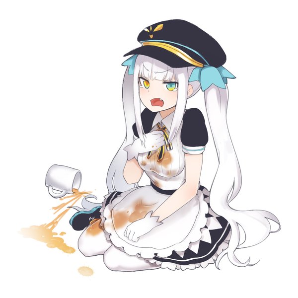 Anime picture 1000x1000 with virtual youtuber kagura mea channel kagura mea 13o single long hair looking at viewer fringe breasts open mouth simple background white background sitting twintails yellow eyes full body white hair blunt bangs aqua eyes short sleeves