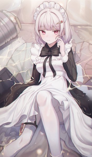 Anime picture 1103x1890 with original hb (qwqw1697) single tall image looking at viewer blush fringe short hair red eyes payot white hair lying blunt bangs from above maid on back partially submerged sheathed playing with hair hair twirling