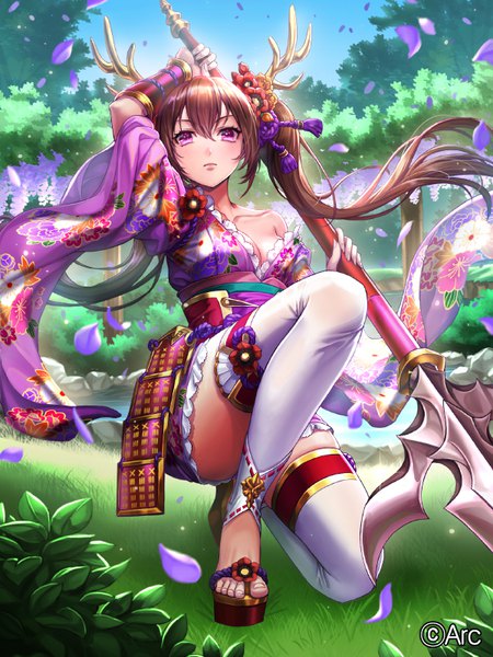 Anime picture 600x800 with sengoku kishin valkyrie bbbox (hotpppink) single long hair tall image looking at viewer blush fringe breasts light erotic hair between eyes brown hair purple eyes twintails holding payot sky cleavage full body bent knee (knees)