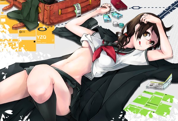 Anime picture 1500x1023 with yozakura quartet isone kotoha mille (dieci) long hair light erotic black hair brown eyes lying :p girl skirt navel uniform socks glasses serafuku tongue black socks