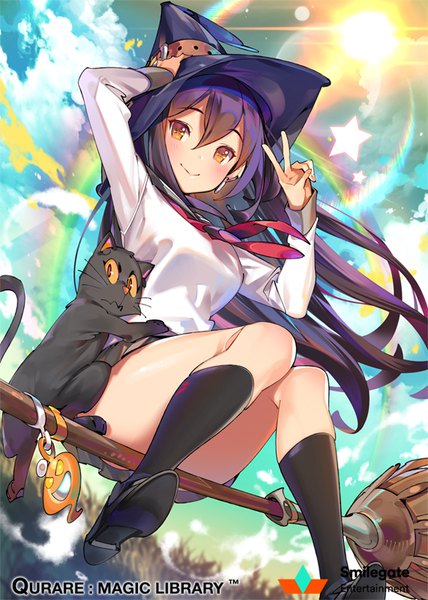 Anime-Bild 571x800 mit qurare: magic library popqn single long hair tall image looking at viewer blush fringe light erotic smile hair between eyes sitting sky purple hair cloud (clouds) outdoors pleated skirt arm up wind orange eyes