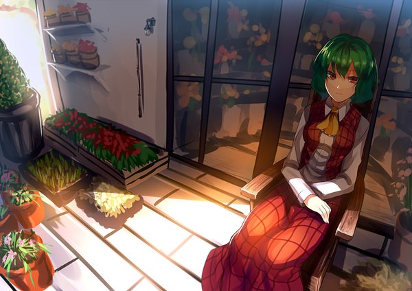 Anime picture 2000x1414 with touhou kazami yuuka uu uu zan single looking at viewer highres short hair red eyes sitting green hair girl dress skirt flower (flowers) skirt set