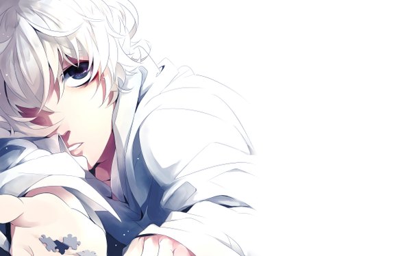 Anime picture 2477x1548 with death note madhouse near tayuya1130 single looking at viewer fringe highres short hair open mouth blue eyes simple background wide image white background white hair hair over one eye wallpaper boy puzzle