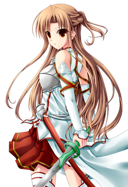 Anime picture 685x1000 with sword art online a-1 pictures yuuki asuna shouyan single long hair tall image looking at viewer brown hair bare shoulders brown eyes transparent background girl skirt weapon detached sleeves sword