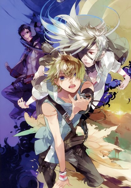 Anime picture 2920x4189 with kazuaki art works kazuaki long hair tall image highres short hair blue eyes black hair blonde hair red eyes silver hair wind black eyes open clothes open jacket multiple boys tattoo sleeveless outstretched arm scar