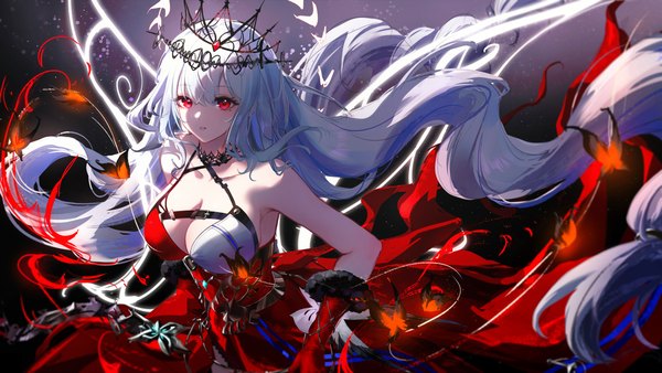 Anime picture 7680x4320 with arknights skadi (arknights) skadi the corrupting heart (arknights) skadi the corrupting heart (red countress) (arknights) liu liaoliao single looking at viewer fringe highres breasts light erotic hair between eyes red eyes wide image large breasts bare shoulders absurdres cleavage white hair very long hair