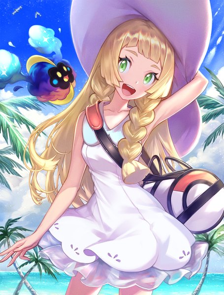 Anime picture 955x1259 with pokemon pokemon sm nintendo lillie (pokemon) wingull cosmog honyaru (nanairo39) single long hair tall image looking at viewer open mouth blonde hair green eyes sky cloud (clouds) braid (braids) teeth twin braids arm behind head