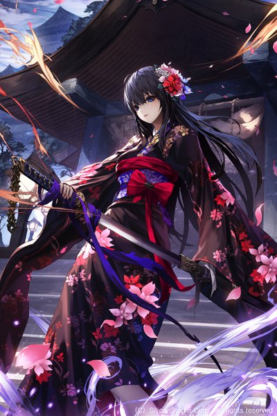 Anime picture 666x1000 with age of ishtaria wanke single long hair tall image fringe blue eyes black hair hair between eyes standing holding looking away sky cloud (clouds) ahoge outdoors long sleeves traditional clothes japanese clothes hair flower